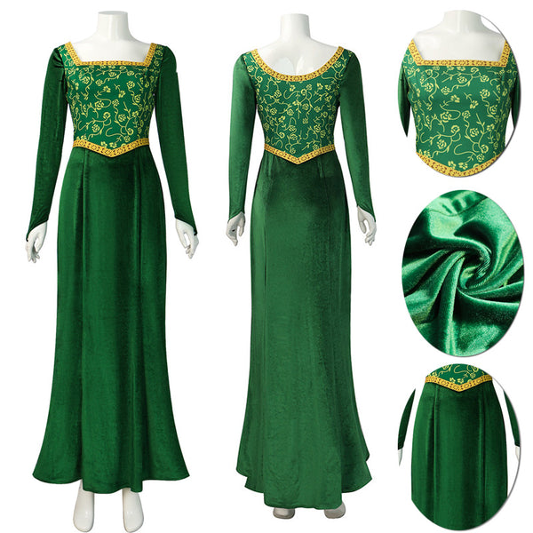 Adult Shrek Princess Fiona Costume Women Fancy Fiona Green Velvet with Crown Necklace Full Set