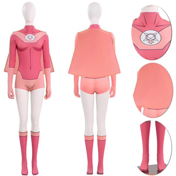 Atom Eve Cosplay Invincible Halloween Costume Pink Superhero Bodysuit with Cloak Women