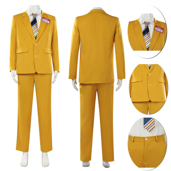 Foyacos Adult Beetlejuice Bob Costume Shrunken Head Bob Yellow Suit Carnival Halloween with Mask