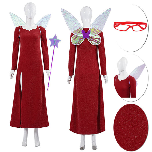 Foyacos Adult Fairy Godmother Costume Women Elf Red Dress with Accessories Fullset