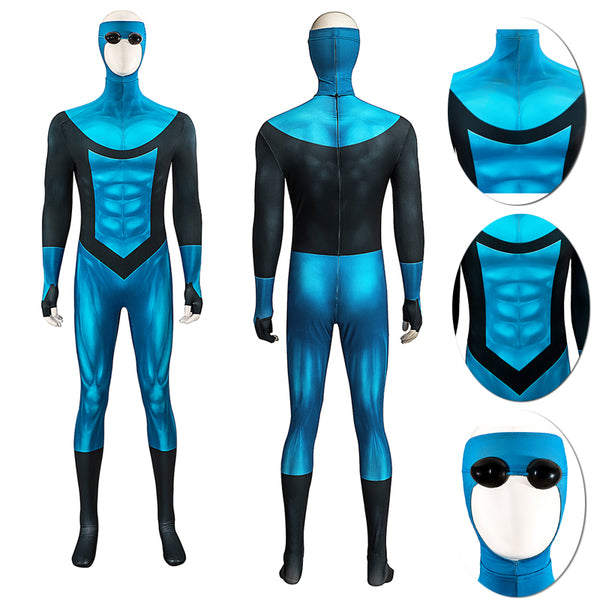 Foyacos Adult Mark Grayson Invincible 3 Cosplay Costume Men Blue Bodysuit with Mask Glasses Fullset