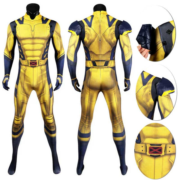 Foyacos Wolverine Costume Bodysuit Adult Men Hugh Jackman Yellow Jumpsuit Deadpool 3 Cosplay Jumpsuit