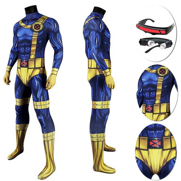 Foyacos The X-Men Cyclops Costume Scott Summers Muscle Cyclops Bodysuit Jumpsuit with Mask Halloween Cosplay Suit