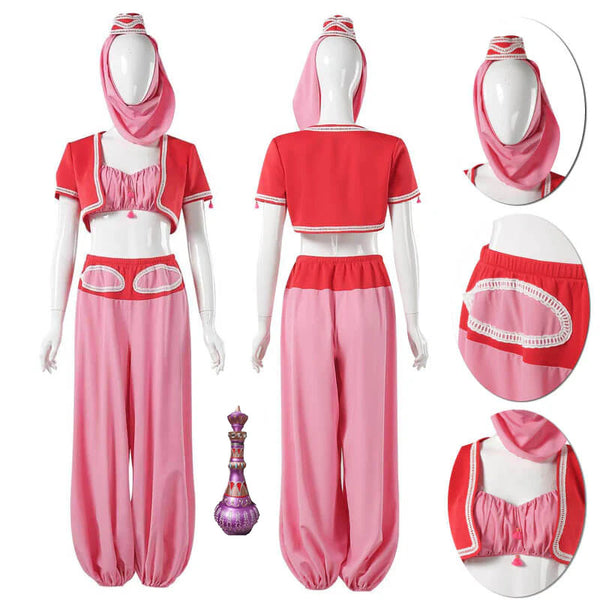 I Dream Jeannie Costume Adult Pink Cosplay Halloween Outfit with Majic Bottle
