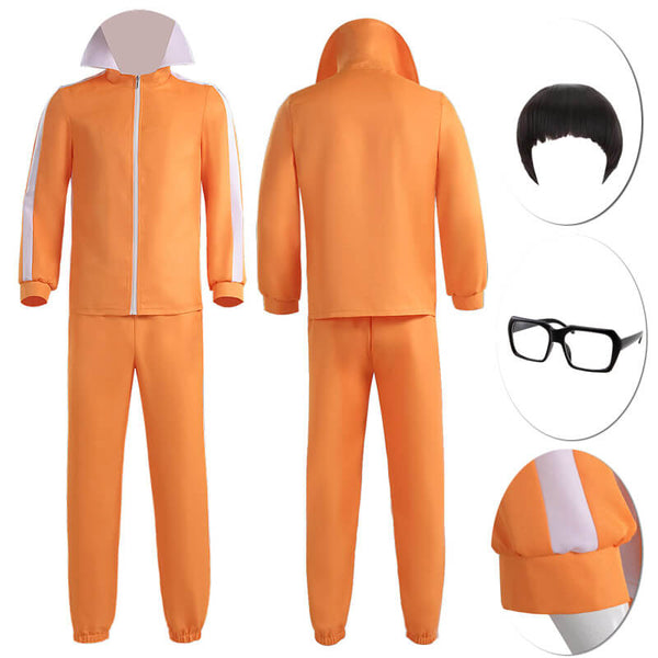 Adult Vector Costume 4Pcs Orange Tracksuit Jumpsuit Jacket Trousers Glasses Wig Halloween Suit